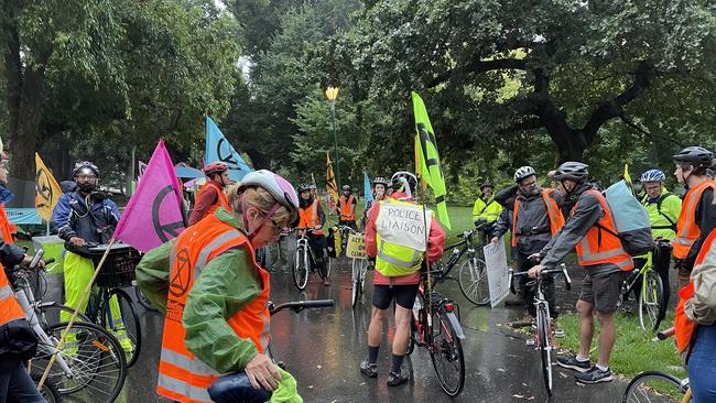 Protesters gathered in the wet to ride through the streets. Picture: Olivia Jenkins