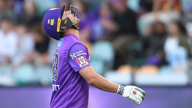 Ben McDermott of the Hurricanes reacts after being dismissed for 91 during the Big Bash League match between the Melbourne Stars and the Hobart Hurricanes at Blundstone Arena, on January 04, 2021, in Hobart, Australia. (Photo by Steve Bell/Getty Images)