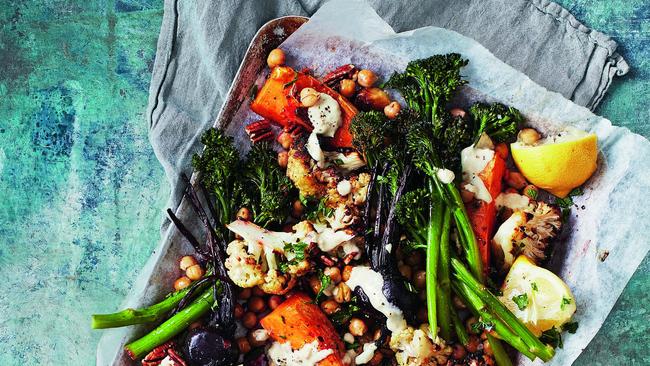 Roast vegetables with hummus dressing. Picture: Guy Bailey.