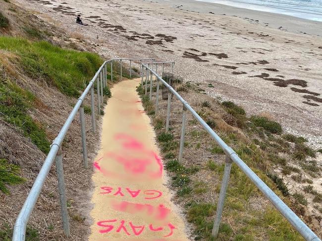 Horrific graffiti has appeared on the steps down to Aldinga Beach. Picture: Facebook