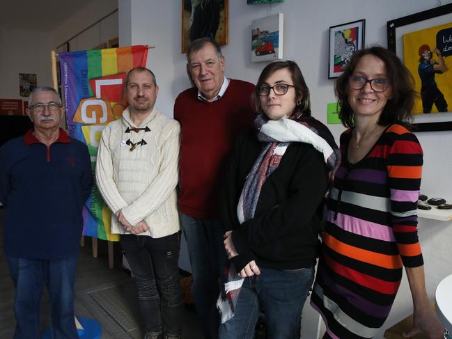 LGBT group in Perpignan, France. From left, Jackie Jarry, Michel Giroir, Jean-Loup Thevenot, Dylan Spring, Claire Villacroux. Picture: Ella Pellegrini