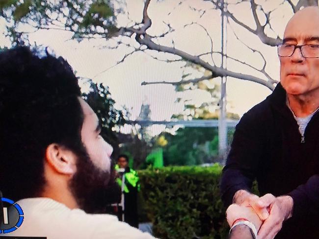 Chances Moana (left) meets Andrew Nerlich outside Gosford Hospital. Picture: Channel 7