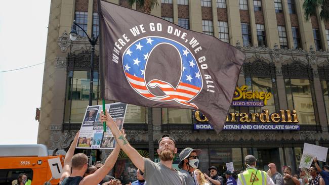 Conspiracy theorist QAnon demonstrators on Hollywood Boulevard in Los Angeles. Picture: Kyle Grillot / AFP