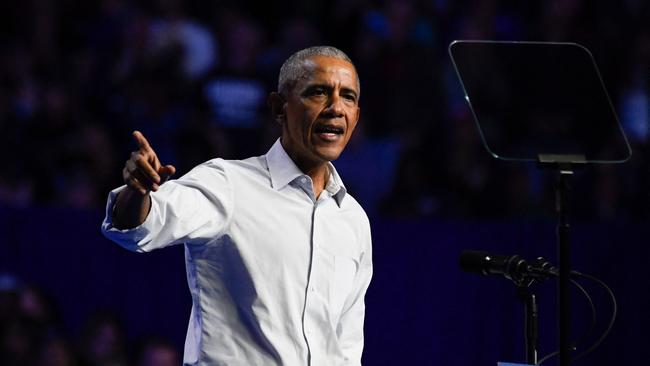 Former US President Barack Obama speaks during a campaign event in support of US Vice President and Democratic presidential candidate Kamala Harris, in Philadelphia on Monday. Picture: AFP