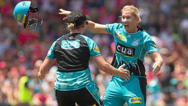 Delissa Kimmince, of the Heat, celebrates winning the match during the Women's Big Bash League (WBBL) final  in Sydney. Picture: STEVE CHRISTO