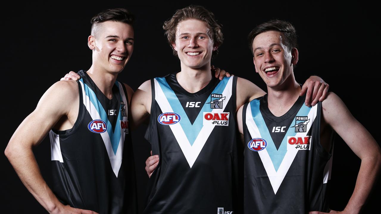 Port Adelaide trio Connor Rozee, Xavier Duursma and Zak Butters will debut for the club this weekend. Photo: Daniel Pockett/AAP Image. 