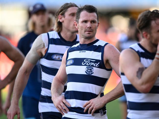 GOLD COAST, AUSTRALIA - APRIL 02: Patrick Dangerfield of the Cats looks dejected after the round 03 AFL match between the Gold Coast Suns and the Geelong Cats at Heritage Bank Stadium, on April 02, 2023, in Gold Coast, Australia. (Photo by Matt Roberts/AFL Photos/Getty Images)