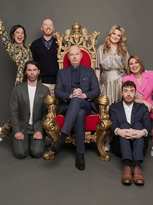 Tom Gleeson and Tom Cashman with the cast of Taskmaster Australia, comedians JImmy Rees, Luke McGregor, Danielle Walker, Julia Morris and Nina Oyam. Picture: Supplied/Ten