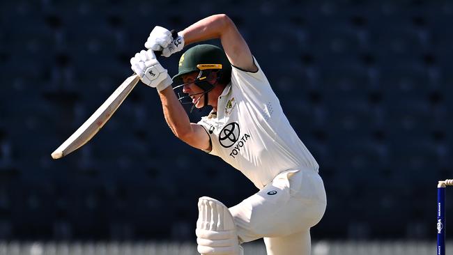 Australia A captain Nathan McSweeney was rock solid as the other Test opening contenders fell around him in Mackay on Thursday. Picture: Albert Perez / Getty Images