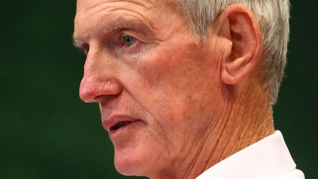 BRISBANE, AUSTRALIA - SEPTEMBER 09: Broncos coach Wayne Bennett speaks to media after the NRL Elimination Final match between the Brisbane Broncos and the St George Illawarra Dragons at Suncorp Stadium on September 9, 2018 in Brisbane, Australia. (Photo by Chris Hyde/Getty Images)