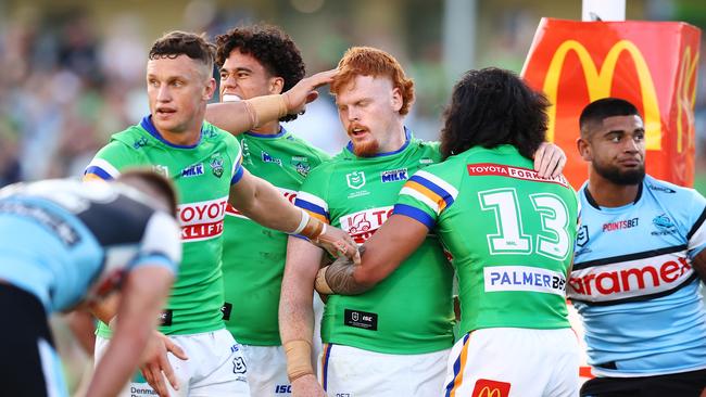 Royce Hunt has labelled Raiders star Corey Horsburgh a ‘weak gutted dog’ after their fiery Round 3 clash. Picture: Getty Images.