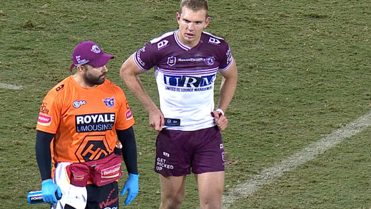 Tom Trbojevic hobbles off with a hamstring injury.