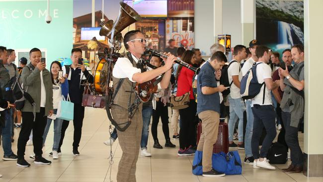 One man band, Uptown Brown, is performing at the Gold Coast Airport over the next few days welcoming crowds to Blues on Broadbeach. Picture: Glenn Hampson