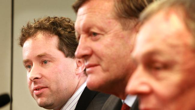 Alan Joyce, then Jetstar chief executive, with then chairman Leigh Clifford and Qantas boss Geoff Dixon in 2008. Picture: Alan Pryke