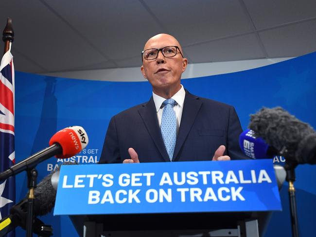 Leader of the Opposition Peter Dutton speaks to the media during a press conference on Day 1 of the 2025 federal election campaign, in Brisbane, Friday, March 28, 2025. (AAP Image/Jono Searle) NO ARCHIVING