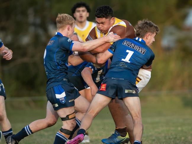 Jacob Bentley (No.1) and Harrison Rich combine forces to stop a Cambo charge. Picture: Julian Andrews.