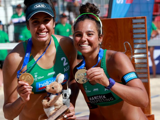 Australia's Taliqua Clancy and Mariafe Artacho del Solar pictured with their gold medals after winning the women’s FIVB World Tour event at VolleyFest, Manly Beach, Australia, in 2017. Picture: Damian Shaw.