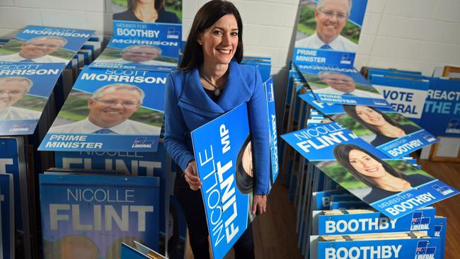 Liberal member for Boothby Nicolle Flint at her campaign office. Picture: Tom Huntley