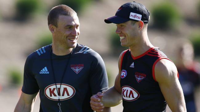 Simon Goodwin and Jake Melksham during their time together at the Bombers in 2014. Picture: Michael Klein