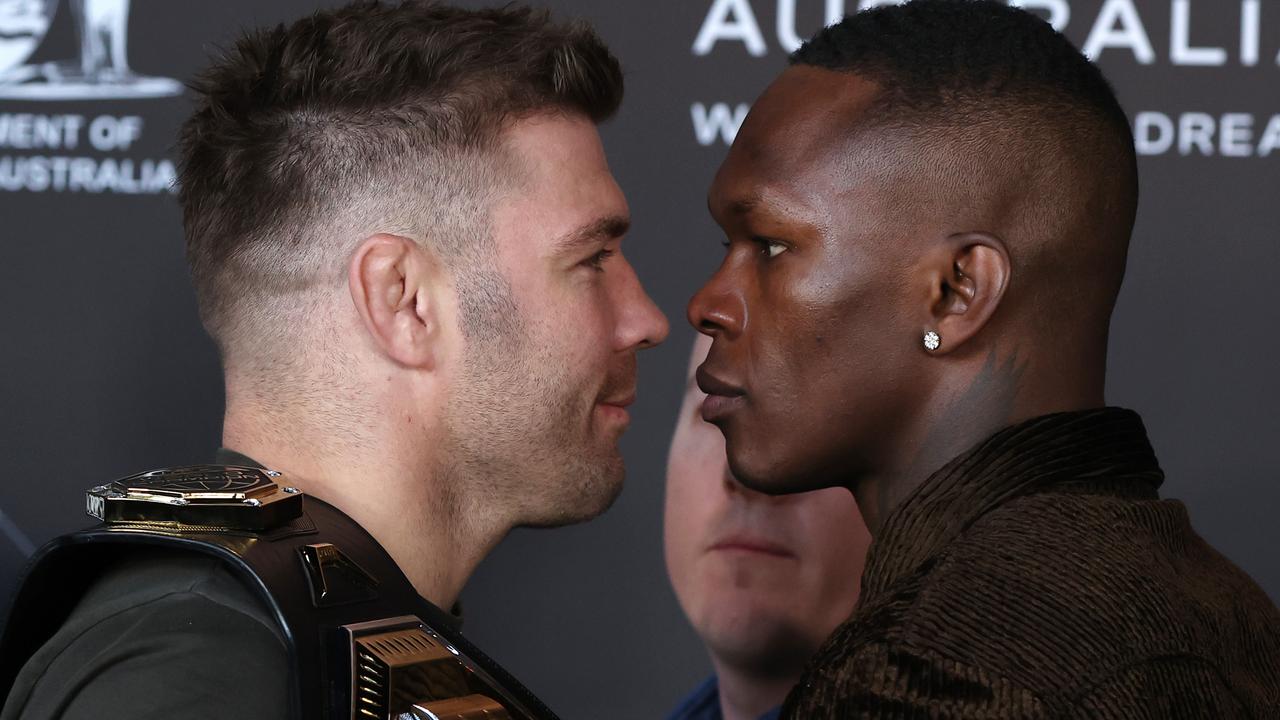 Dricus du Plessis and Israel Adesanya face-off at UFC305. Picture: Getty Images