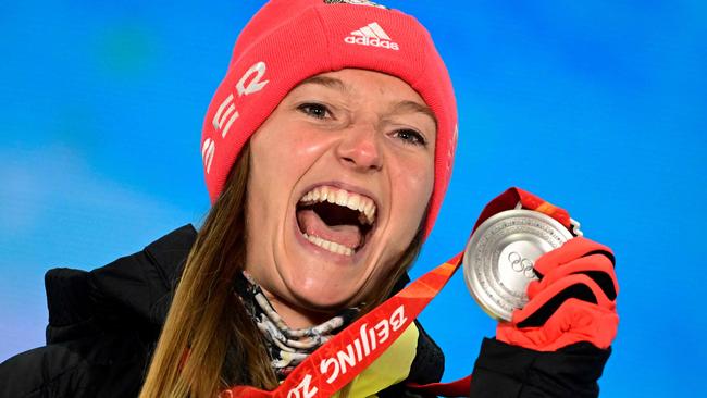 Germany's Katharina Althaus was at least happy with a silver medal in the individual ski jumping event Picture: AFP