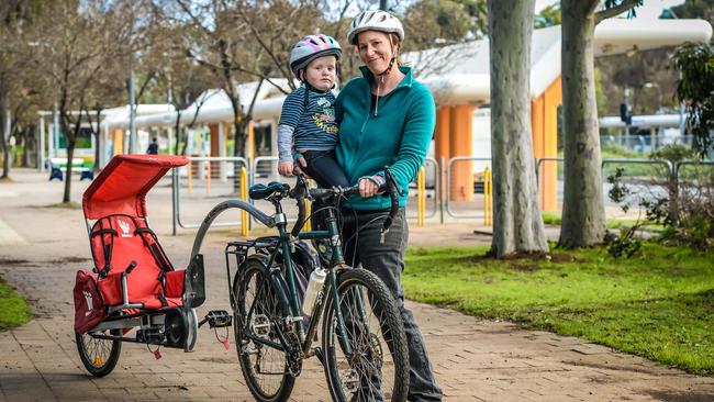 Katie Gilfillan with Alby, 2, can’t wait for the cycling upgrade. Picture: AAP/Roy VanDerVegt