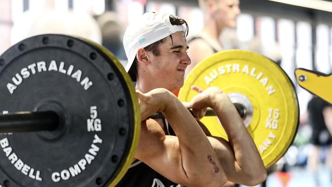 Connor Rozee, who has added 5kg since the start of last pre-season, working out in the gym on the Sunshine Coast. Picture: Sarah Reed