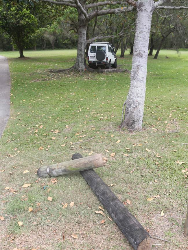 A wooden barrier damaged when the car left the road. Picture: Richard Gosling.