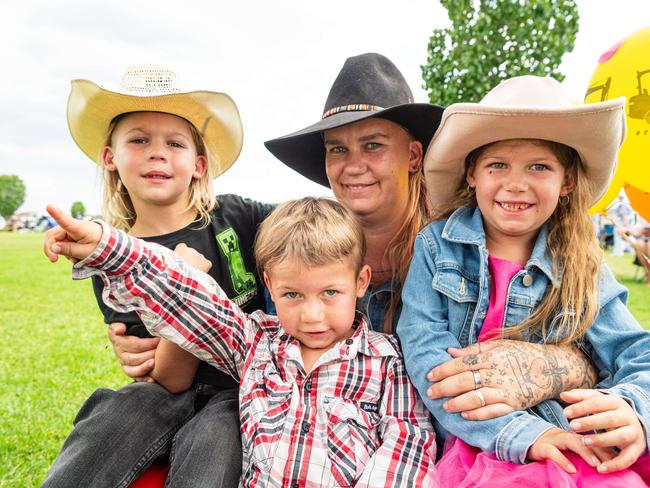 At Wellcamp Airport 10th anniversary community day are (from left) Keetah, Elijah and Izabellah with mum Trudy Rose, Sunday, November 10, 2024. Picture: Kevin Farmer