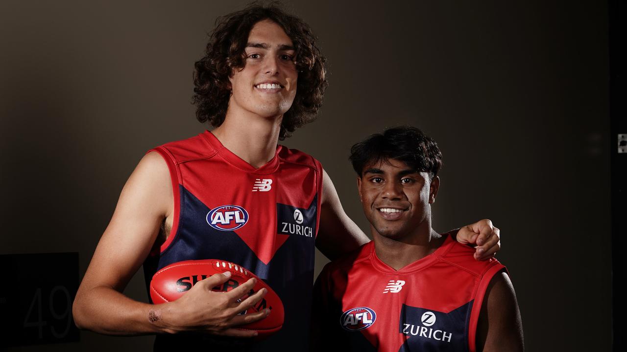 Luke Jackson and Kysaiah Pickett after being selected by the Demons in the 2019 draft. Picture: Scott Barbour