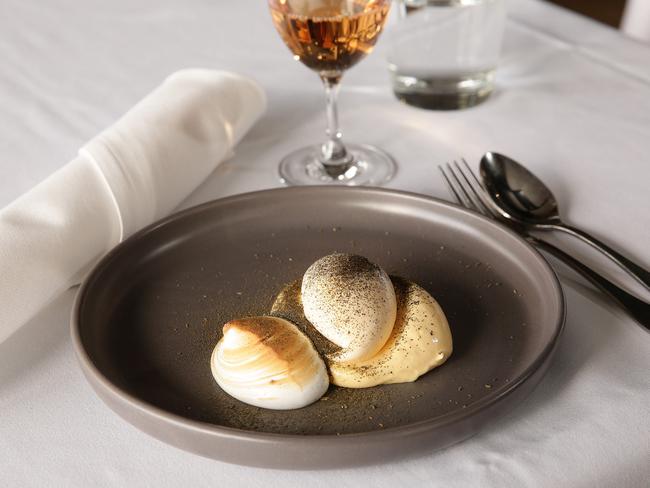 Whipped passionfruit curd, toasted rice ice cream, green tea meringue. Picture: Andrew Tauber