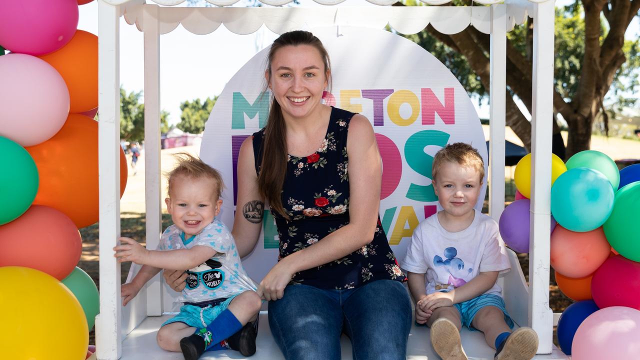 Moreton Kids Festival at Pine Rivers Park. Xanthe Clarke with Malachi and Phoenix, of Caboolture. Picture: Dominika Lis.