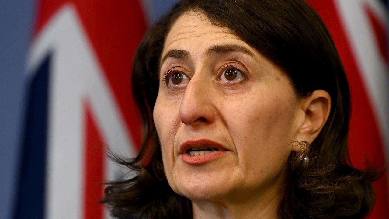 A visibly upset Gladys Berejiklian as she resigned from her post. (Photo by Bianca De Marchi – Pool/Getty Images)