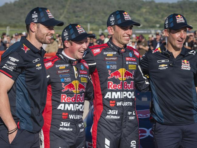 V8 Supercars team Red Bull Ampol Racing (from left) Scott Pye, Will Brown, Broc Feeney, and Jamie Whincup at the launch of the 2024 livery at Toowoomba Wellcamp Airport, Saturday, February 3, 2024. Picture: Kevin Farmer