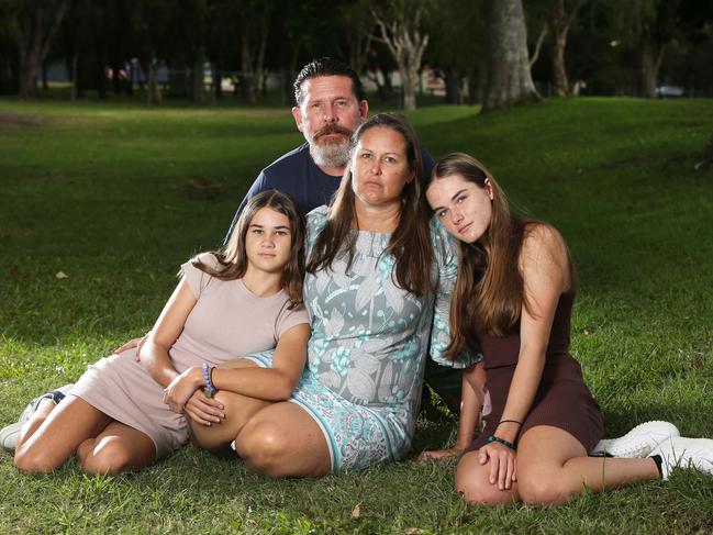 Terminally ill Kelly Hardy, 44, with husband Ron and daughters Jordan, 11, and Kyah, 15. Picture: Glenn Hampson