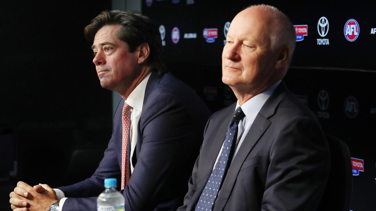 Richard Goyder and Gillon McLachlan when it was announced the CEO would be leaving the AFL in October. Picture: David Crosling