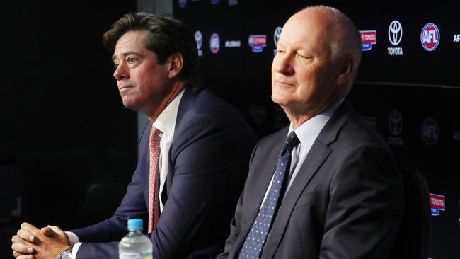 Richard Goyder and Gillon McLachlan when it was announced the CEO would be leaving the AFL in October. Picture: David Crosling