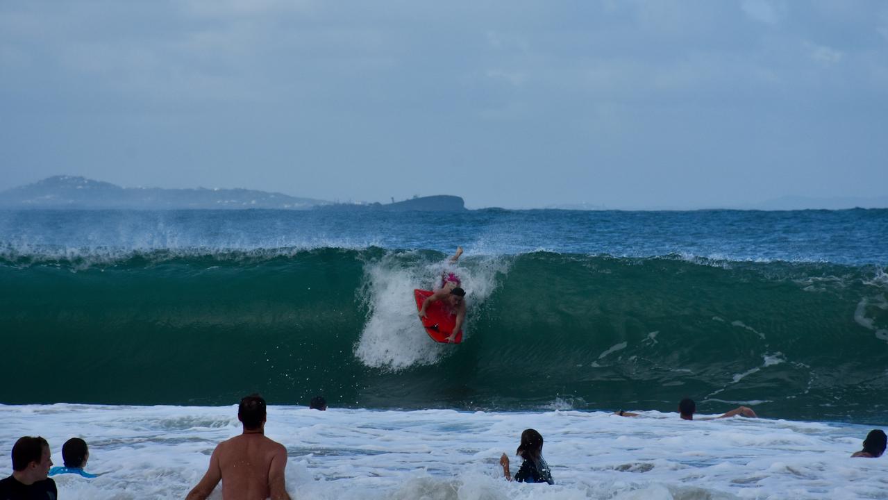 Ex-Tropical Cyclone Seth has whipped up some good waves but hazardous surf on the Sunshine Coast. Board riders and surfers made the most of it at Mooloolaba on Sunday. Photo: Mark Furler