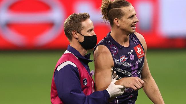 Nat Fyfe believes his recovery from a second bout of shoulder surgery is tracking ahead of schedule. Picture: Getty Images