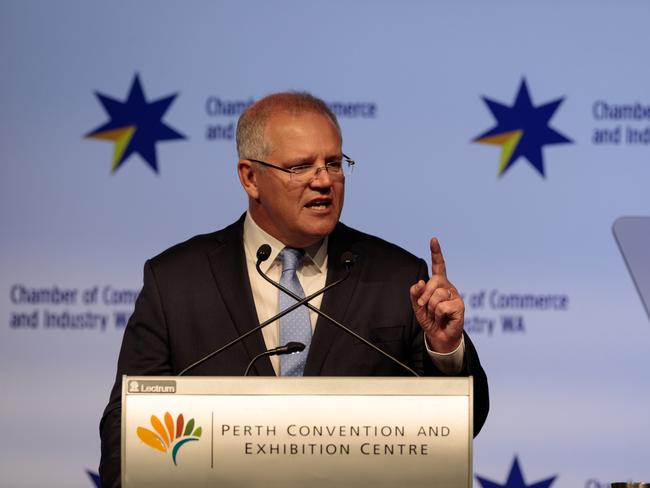 Prime Minister Scott Morrison speaks at the Chamber of Commerce and Industry WA (CCI) Breakfast with the Prime Minister event in Perth, Monday, June 24, 2019. (AAP Image/Richard Wainwright) NO ARCHIVING