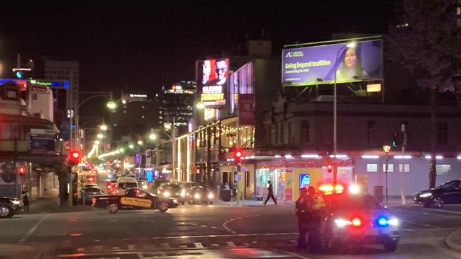 Hindley St has been blocked off after a stabbing on Friday night. Picture: George Yankovich