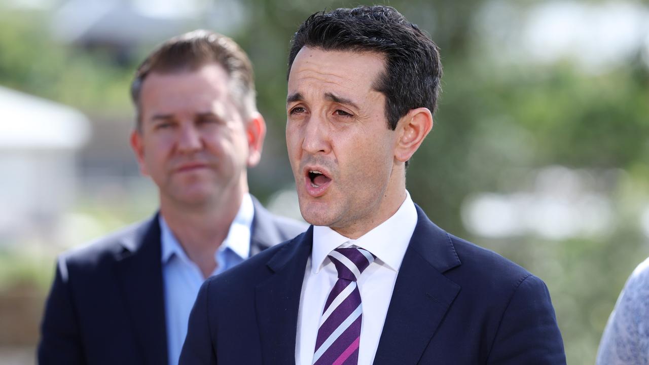 Premier David Crisafulli speaks as the Deputy Premier watches on. Picture Lachie Millard