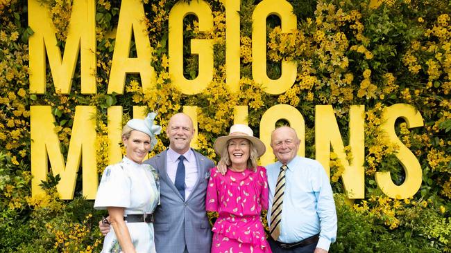 Mike and Zara Tindall with Katie Page and Gerry Harvey at the Magic Millions race day. Picture: Luke Marsden.