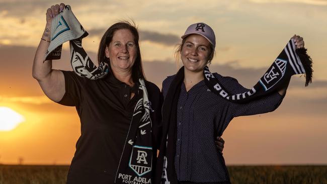 Vickie and Matilda Jones, mother and sister of Port Adelaide player Lachie Jones. Picture Kelly Barnes