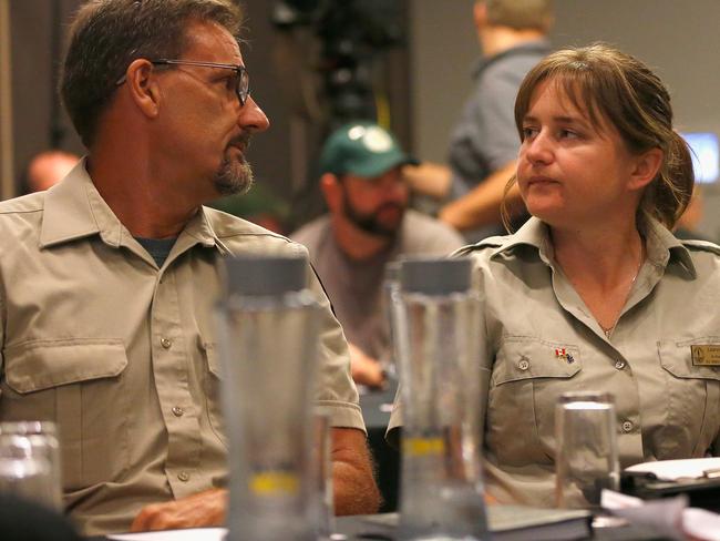 Firefighters support each other during a farewell breakfast at Novotel Sydney Airporttoday. Picture: AAP