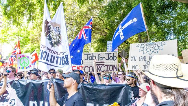 The Freedom Rally in the Brisbane CBD on Saturday. Picture: Richard Walker