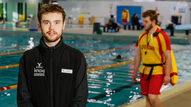 Cooper Seeley, 21, says working as a mentor to young lifeguards at Knox Leisureworks in Melbourne has helped him move past bouts of persistent loneliness. Picture: Dijana Risteska