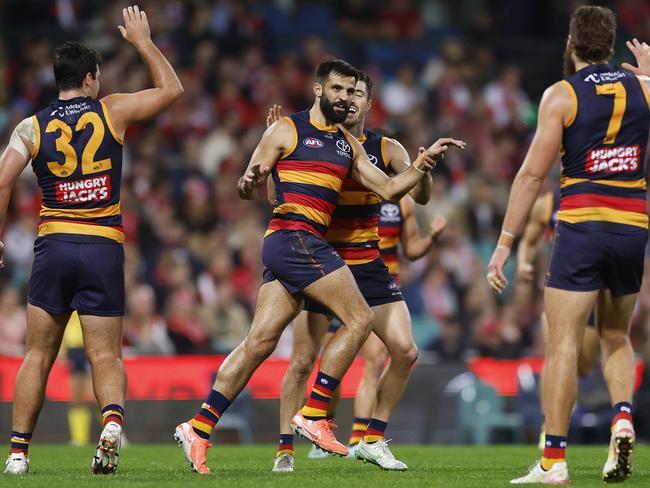 Wayne Milera celebrates a goal in the big win. Picture: Darrian Traynor/Getty Images