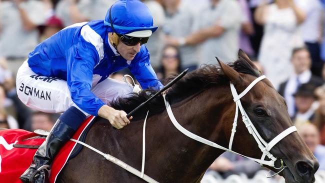 Winx ridden by Hugh Bowman wins race 5 during the races at Rosehill Gardens on Golden Slipper day. Pic Jenny Evans