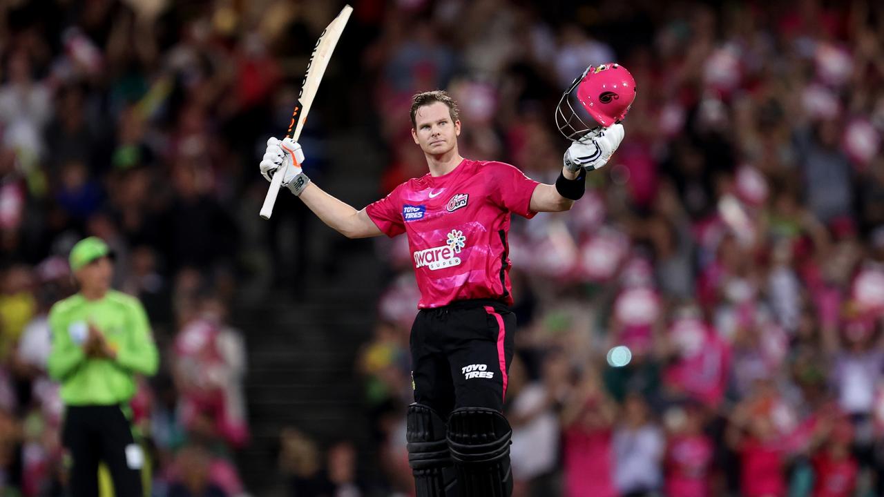 Steve Smith produced one of the most memorable Sydney Smash moments with a rapid century at the SCG. Picture: Brendon Thorne/Getty Images